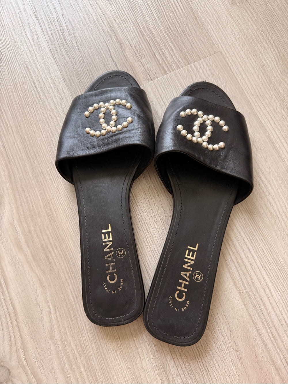 CHANEL Black Leather Pearl CC Slide Mules